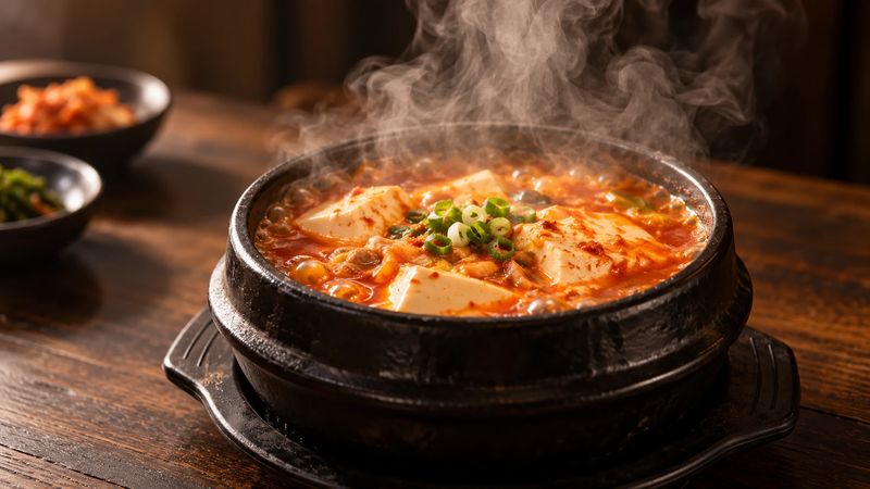 검은 뚝배기에서 김이 피어오르는 빨간 순두부찌개, 두부와 송송 썬 파, 옆에 반찬 두 그릇